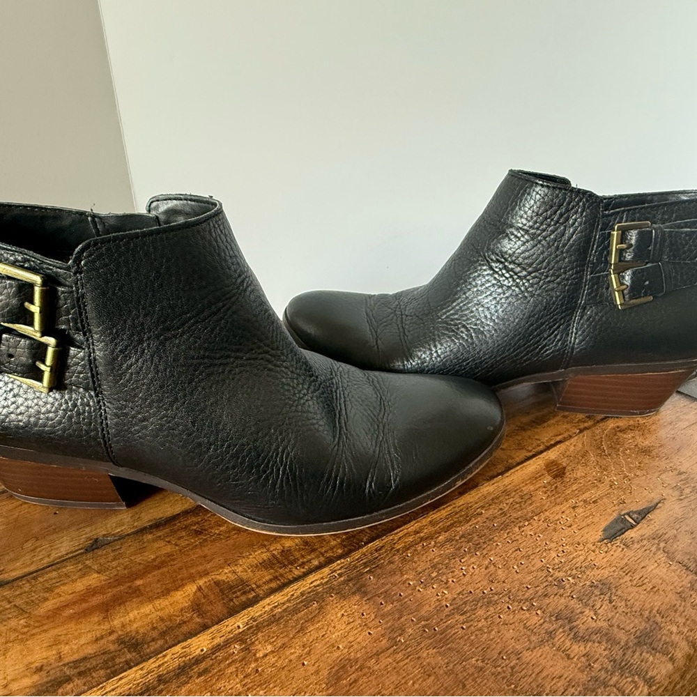Sam Edelman Black Leather Petal Ankle Booties with Buckle Detail
